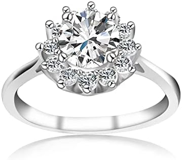 1ct Moissanite Sunflower Engagement Rings for Women, D Color VVS1 Clarity Round Cut Moissanite Ring in Sterling Silver plated with 18K White Gold Wedding Anniversary Birthday Promise Ring for her with Certificate of Authenticity