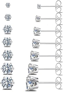 Silver Gold Black Stud Earrings Set 7Pairs Hypoallergenic Cubic Zirconia Titanium Stainless Steel Silver Rose Gold Black CZ Cartilage Stud Earrings Jewelry Sets for Women Men, 2-8mm CZ Stud Earrings