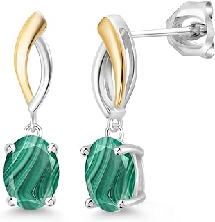 Oval Green Malachite Stud Earrings for Women, 4.00 Cttw Gemstone Birthstone, 8X6MM, in 10K Yellow Gold and 925 Silver Blend, with Post Friction Backs - Gem Stone King