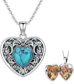 Vintage Sterling Silver Heart Locket Necklace with Blue Turquoise Gem & Rolo Chain - Personalized Keepsake Jewelry Gift for Women and Wife
