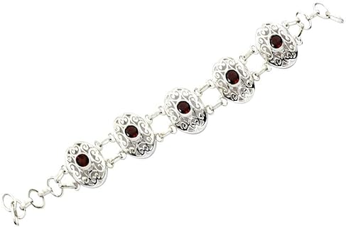 Sterling Silver 925 Bangle Bracelet with Spring Ring Clasp Adorned with Natural Garnet for Women, Elegant 8-inch Jewelry from India