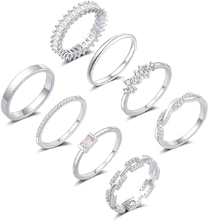 Gold Rings for Women Non Tarnish 14K Gold/Silver Stackable Rings Set Dainty Cubic Zirconia Diamond Thumb Rings Wedding Eternity Band Trendy Simple Baguette Ring Size 5 6 7 8 9 10