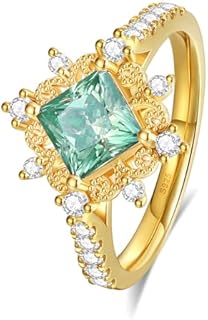 Green Moissanite Engagement Rings for Women, 18K Yellow Gold Plated 925 Sterling Silver, 1.5CT Princess Cut Cyan Blue Gemstone Anniversary Wedding Promise Ring for Women(Size 4-11)