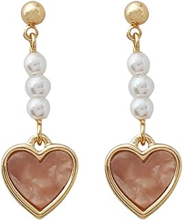 Lever-Back Pink Heart Drop Earrings with Pearl - Sterling Silver and 14k Gold Plated Dangling Earrings for Women and Girls - Love Heart Design