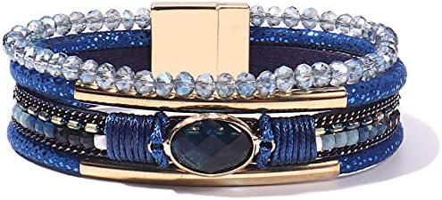 Women's Fancy Shiny Wrap Bracelet with Strand Chain and Buckle Clasp, Crystal Beaded Boho Cuff, Navy Blue Stone Charm Bracelet, Alloy Costume Jewelry