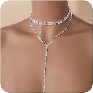 Rhinestone Tassel Choker Silver Necklace Prom Tennis Chain Fringe Necklace Sparkle Crystal Bib Statement Necklaces for Women Girls Bling Prom Dress Jewelry2024