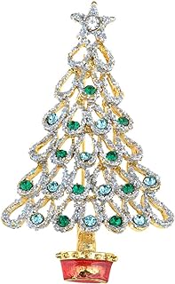 Easy-Hook Alloy Gold Christmas Tree Brooch with Green Crystals - Festive Star Design for Holiday Celebrations - Perfect Gift Idea for All