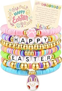 Stainless Steel Clasp Rainbow Clay Bead Bracelet - Bead Chain Stretch Easter Bracelets for Women and Teen Girls - Colorful Easter Design.
