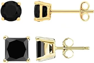 Push Back 18K Yellow Gold Plated Black Sapphire Stud Earrings by Paris Jewelry for Men and Women - Round and Princess Cut Design