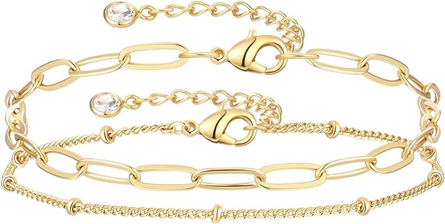 Cubic Zirconia Accented 14K Gold-plated Bead & Link Chain Bracelet with Lobster Claw Clasp, Dainty Layered Design