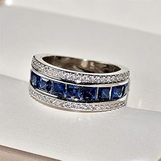AZQ TZ.1 Fashion 18K Gold Plated Natural Sapphire Ring Square Cubic Zirconia Promise Rings CZ Classical Full Diamond Ring Eternity Engagement Wedding Band Ring for Women
