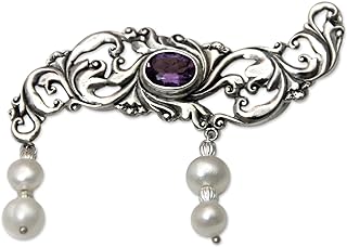 Handcrafted NOVICA Pin Clasp, Sterling Silver Brooch with Cultured Freshwater Pearl and Amethyst, Ideal Gift for Jewelry Lovers, Unique Indonesian Design