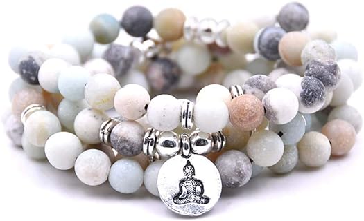 Lotus, OM, Buddha, Tree of Life, Evil Eye, Moon Charm 108 Mala Beads Amazonite Meditation Bracelet Necklace