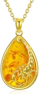 Women's Vintage Baltic Amber Teardrop Locket Necklace with Rolo Chain & Lobster Clasp - Scorpion/Bumble Bee Design in 14k Gold Plated Sterling Silver