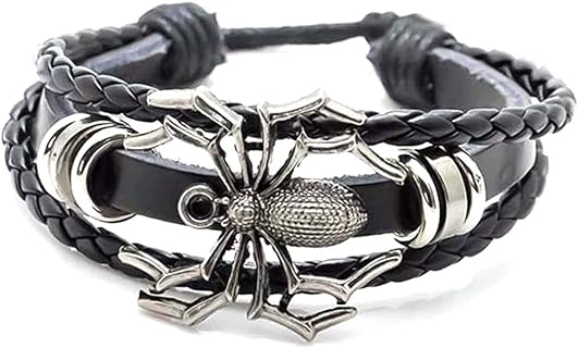 Xusamss Punk Rock Alloy Spider Bracelet Drawstring Rope Leather Bracelet,7-8inches