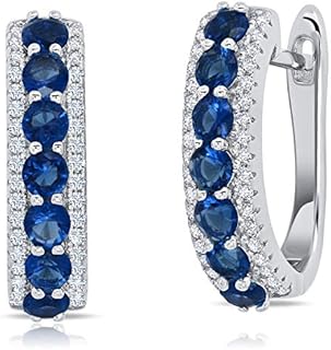 925 Sterling Silver Gemstone Round Hoop Earrings for Women 0.75 inches in Simulated Green Emerald, Red Ruby, or Blue Sapphire Birthstones with Hinged Posts by MAX + STONE