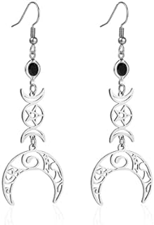 Gothic Stainless Steel Triple Moon Goddess Drop Dangle Earrings Cresent Sun and Moon Pentagram Celestial For Women Girl Wicca Pagan Wedding Jewelry