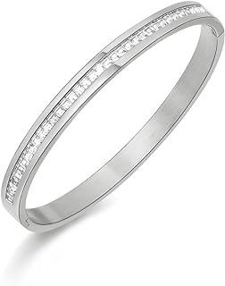 6mm Gold Bracelets for Women, Stainless Steel Classic Cubic Zircon Filled Bangle Bracelet Crystal Jewelry Silver Oval Bangle Witness the Gift (Silver)