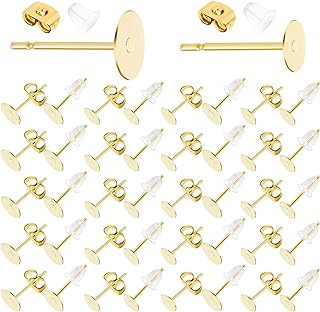 Flasoo Stainless Steel Hypoallergenic Earring Studs Kit - Gold Flat Pad Design with Clutch Back Finding for DIY Jewelry Making