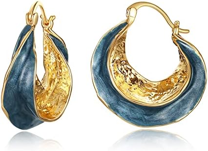 Click-Top 18K Hammered Gold Enamel Hoop Earrings with African Design for Women - No Gemstone