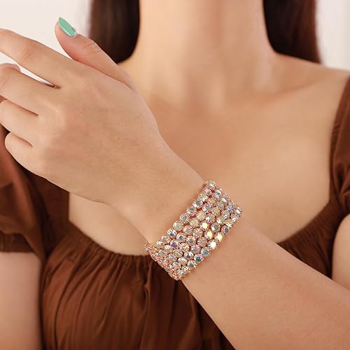 Xerling Colorful Iridescent Rhinestone Crystal Bracelets for Women Multi-row Silver Bangles Wrap Stretch Bridal Girls Hand Jewelry for Wedding