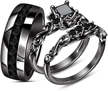 Engagement Wedding Band Trio Ring Set Black Diamond Men's & Women's 14k Black Gold Finish 925 Sterling Silver