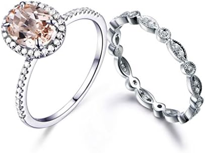 Natural 6x8mm Oval Pink Morganite Halo Ring Set,Claw Prongs Diamond Propose 14k White Gold Matching Band