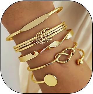 Boho Gold Bangle Cuff Bracelets Set for Women Girls Vintage Layered Stackable Bracelet Set Adjustable Arrow Hexagram Twist Engraved Open Cuff Wrap Bangle Dainty Jewelry Gifts