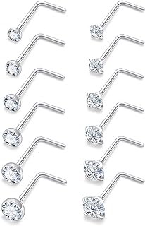 18G 20G 22G L Shaped Nose Rings Studs Surgical Steel Silver Gold Nose Nostril Piercing Jewelry for Women Men Girls CZ 1.5MM 2MM 2.5MM 3MM 3.5MM 4MM 12Pcs