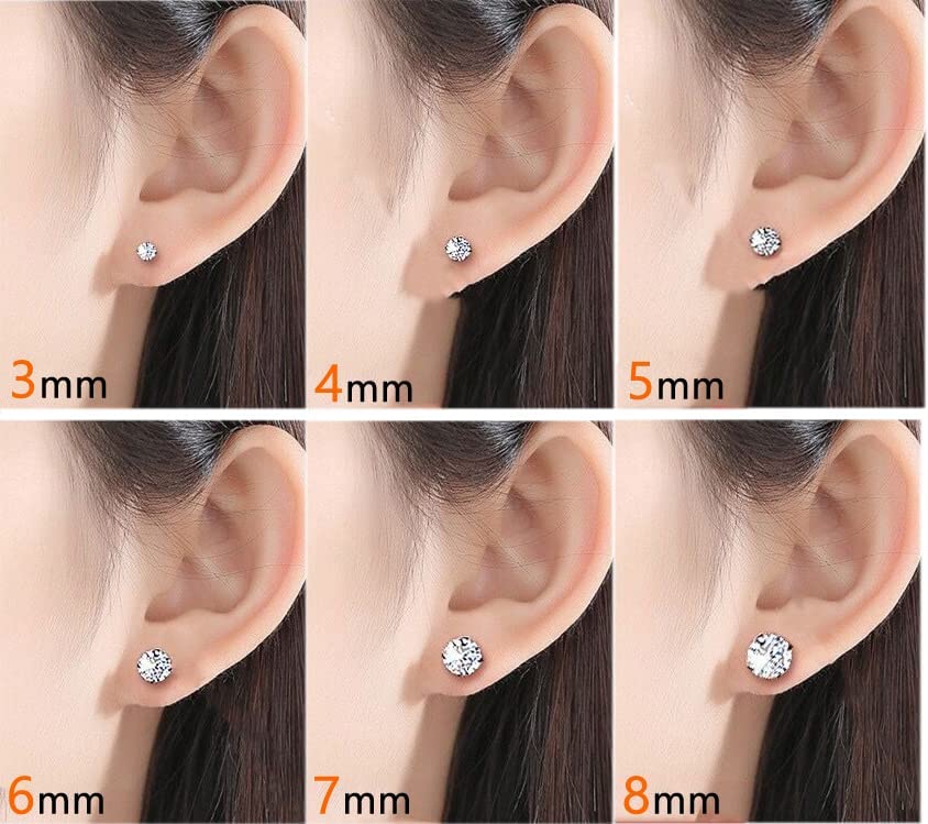 3 Pairs 925 Sterling Silver Cubic Zirconia Stud Earrings Set 3-8mm for Men Women