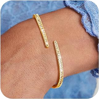 Gold Cuff Bracelets for Women Trendy, 14k Gold Plated/Silver Bangle Bracelets for Women Dainty Gold Bangles Cubic Zirconia Adjustable Wave Bracelet Fashion Jewelry Gift for Women Teen Girl