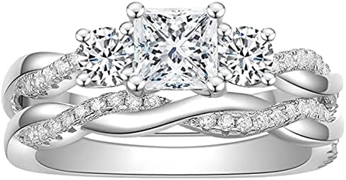 2 Pieces Engagement Rings for Women Sterling Silver Center 1ct Three Stone Princess Cut Moissanite Engagement Wedding Anniversary Promise Ring Bridal Set Moissanite Wedding Band Bridal Set (Available in size 6, 7, 8, 9)