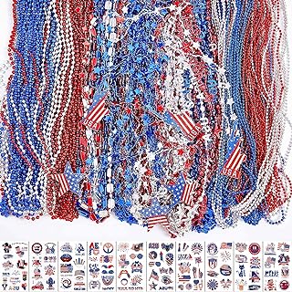 150 Pcs 4th of July Beads Necklace Bulk with 10 Pcs Stickers Metallic Red Blue White Patriotic Star Bead Necklaces for 4th of July Independence Day, Patriotic Parade, Carnival Decoration Party Favors