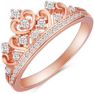 Mulan Engagement Ring with White Cubic Zirconia - 14K Rose Gold-Plated Sterling Silver Princess Crown Design, Size 7.5