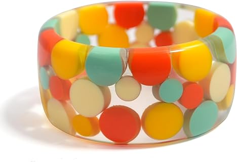 Polka Czarina - Handcrafted Straight profile clear Lucite Bangle with a Vibrant Symphony of Blue, Yellow & Orange Polka Dots