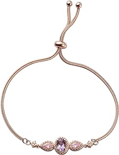 18K Rose Gold Plated Amethyst Bolo Bracelet for Women - Oval Gem with Pink Crystal Teardrops & Fancy Clasp - Adjustable Box Chain Design, 9.5 inches