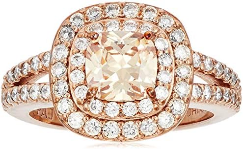 Champagne Cubic Zirconia Double Diamond Wedding Ring in Rose Gold Plated Sterling Silver for Women, Cushion Cut/Double Halo Design