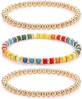 NVENF Beaded Bracelets for Women Brass Bead Ball Chain Bracelets Rainbow Enamel Tile Bracelets for Girls Stackable Layering Stretch Bracelet Bangles Birthday Party Holiday Gifts