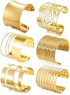 6-Piece Bangle Wrap Bracelet Collection, Gold Wrist Cuff Set with Adjustable Open Design, Crafted from High-Quality Zinc Metal