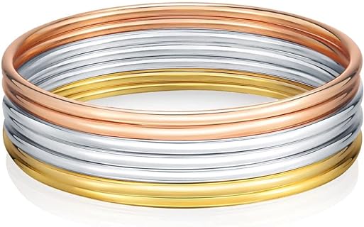 Stainless Steel Tri-Color Bangle Bracelets for Women - Set of 7 Pieces with Rope Chain and Lobster Claw Clasp - Christmas, Birthday & Anniversary Gift