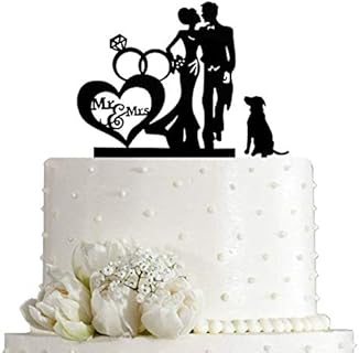Wedding Couple Kiss Mr&Mrs Heart Diamond Ring Cake Topper, Bride and Groom with Dog Silhouette Cake Topper, Black Acrylic