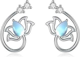 Sterling Silver Lotus Stud Earrings with Moonstone, Screw Back Cuff Design for Women and Girls