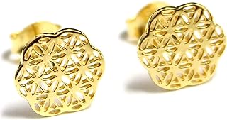 Flower of Life Sacred Sterling Silver Stud Earrings with Push Back Zircon Gems for Women