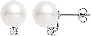 14k White Gold Push Back Earrings - AAA Quality Japanese Akoya Cultured Pearl & Diamond Stud for Women - PremiumPearl