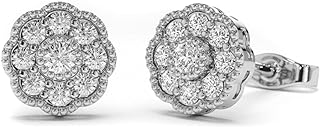 Small Unisex Brilliant Cut 925 Sterling Silver White Gold Plated Round Flower Cluster Halo Hypoallergenic Cz Men's Women's Hip Hop Circle Screw Back Stud Earrings.