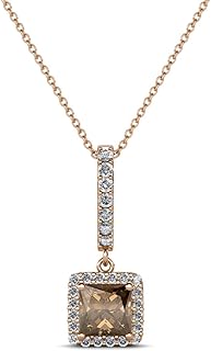 14K Rose Gold Princess Cut Smoky Quartz & Diamond Pendant Necklace with 18" Cable Chain & Spring Ring Clasp, Made in USA