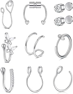 Zolure Fake Nose Ring Fake Septum Fake Nose Stud Nose Cuff Clip on Faux Nose Piercing Jewelry for Non Pierced Nose