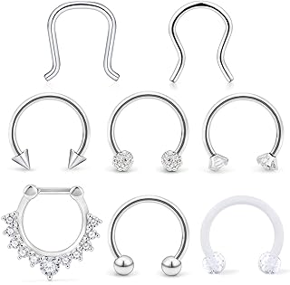 Hoeudjo Septum Clicker Rings 16G Surgical Steel Nose Hoop Rings Retainer Body Piercing Jewelry with Clear CZ Women Men U & D Shaped Daith Helix Tragus Lip Cartilage Earrings 8 Pieces