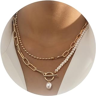 Layered Pearl Necklace Half Pearl Half Chain Toggle Necklace Chunky Paperclip Chain Necklace for Women Jewelry Gifts