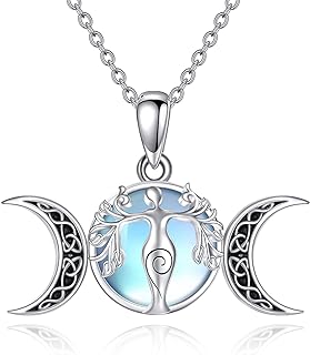 Wiccan-Themed Sterling Silver Necklace with Cable Chain and Moonstone Gems, POPLYKE Triple Moon Goddess Pendant Design
